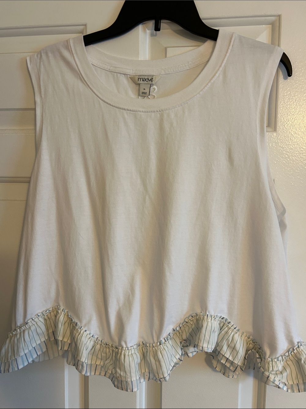 Anthropologie Maeve White Tank Top with Striped Ruffle Hem - XL